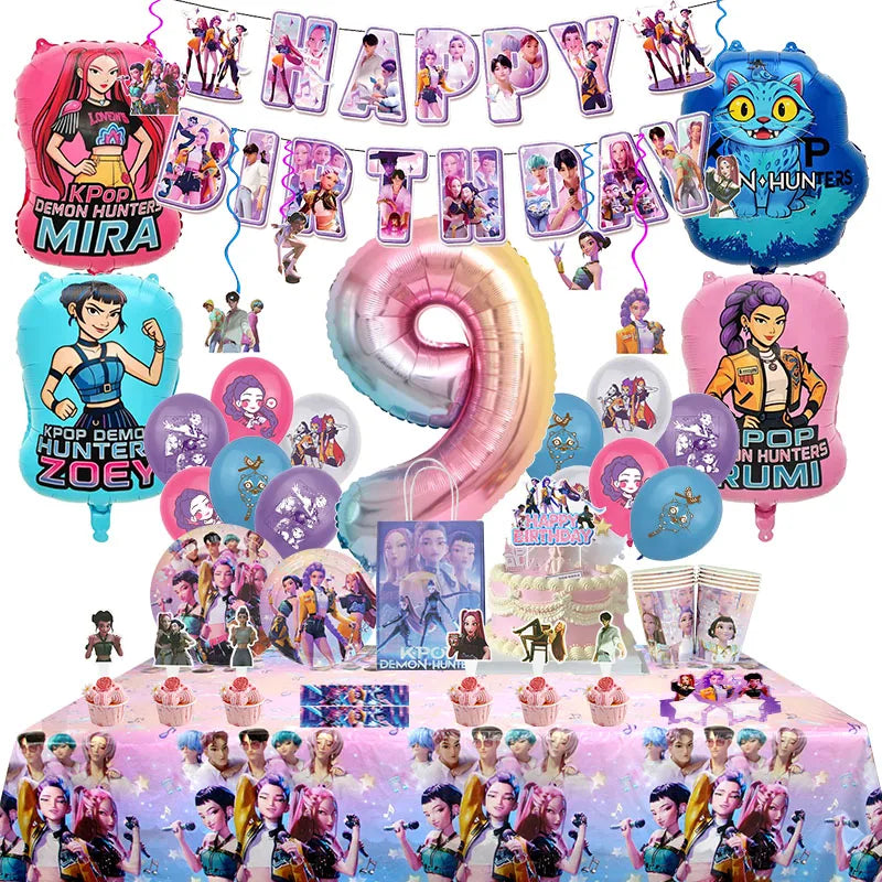 A colorful banner decoration kit featuring Kpop idol themes and various pop culture elements for a birthday party.