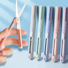 A hand holds a mini pen-shaped scissors and cutter tool with multiple color options.
