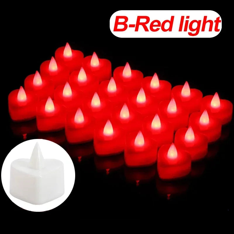 A row of red heart-shaped flameless LED candles on a black background.