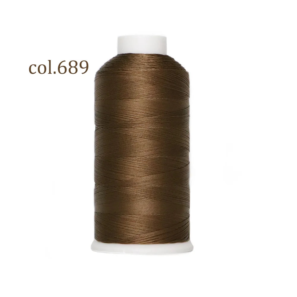 A spool of dark brown nylon bonded thread labeled col.689 for heavy-duty sewing projects.