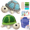 A crochet kit featuring a turtle and a frog, including yarn, hooks, and a step-by-step guide for animal crafts.