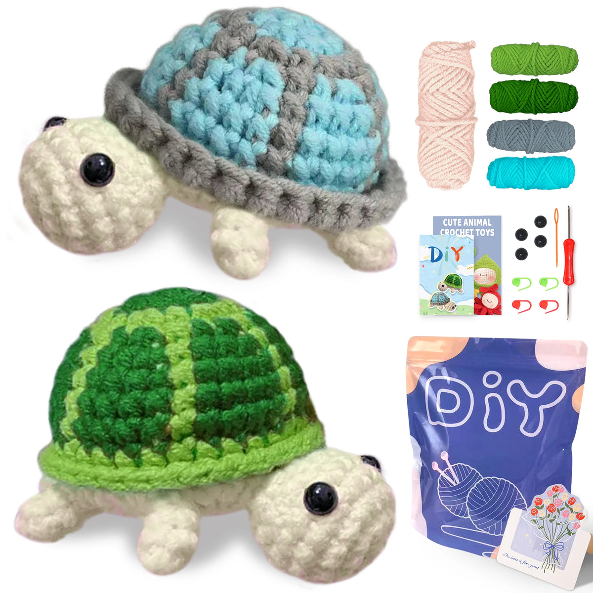 A crochet kit featuring a turtle and a frog, including yarn, hooks, and a step-by-step guide for animal crafts.