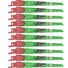 A set of ten reciprocating saw blades with green teeth and red handles, labeled S644D, for wood and PVC cutting.