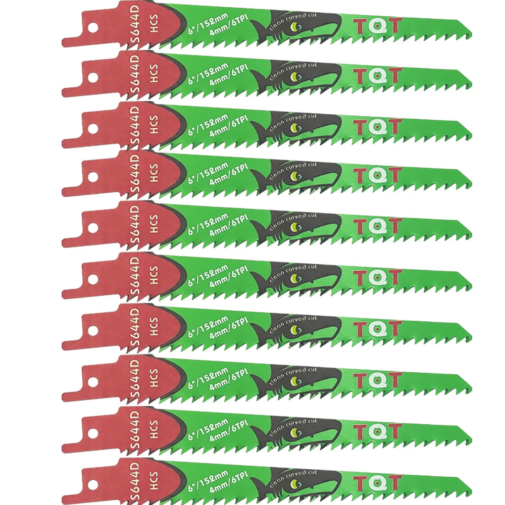 A set of ten reciprocating saw blades with green teeth and red handles, labeled S644D, for wood and PVC cutting.