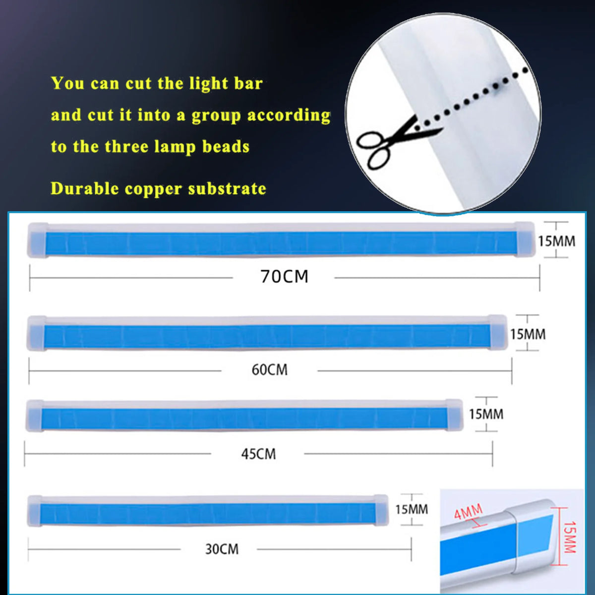 Flexible LED-Lichtleisten verschiedener Längen und Breiten mit Kupfersubstrat und Schere zum Schneiden