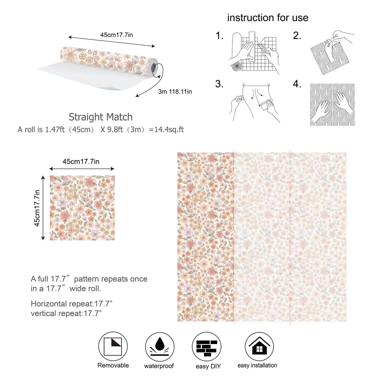 Instruction guide and swatch of vintage floral peel-and-stick wallpaper roll