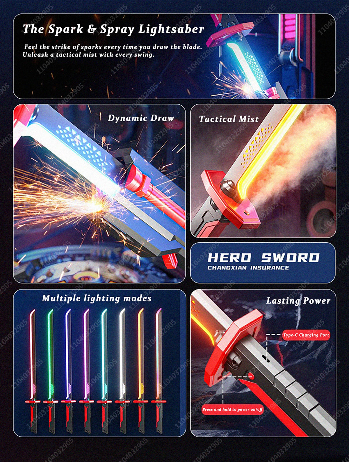 A red and silver glowing sword with multiple lighting modes and spark effects.