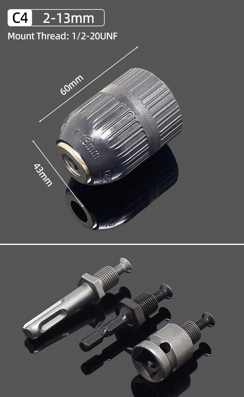 A drill chuck kit showing various adapters including a 2-13mm mount thread and hex Shanks.