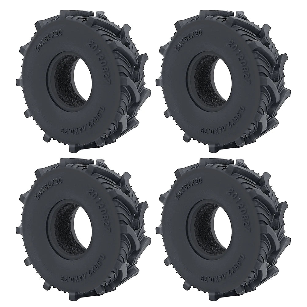 Four views of black soft rubber tires for 1/18 and 1/24 RC crawler cars