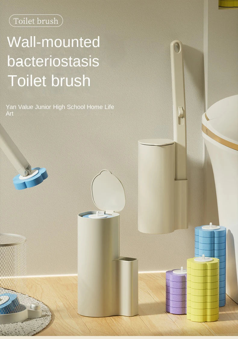 Wall-mounted toilet brush in beige and blue, shown next to a toilet and various refill containers.