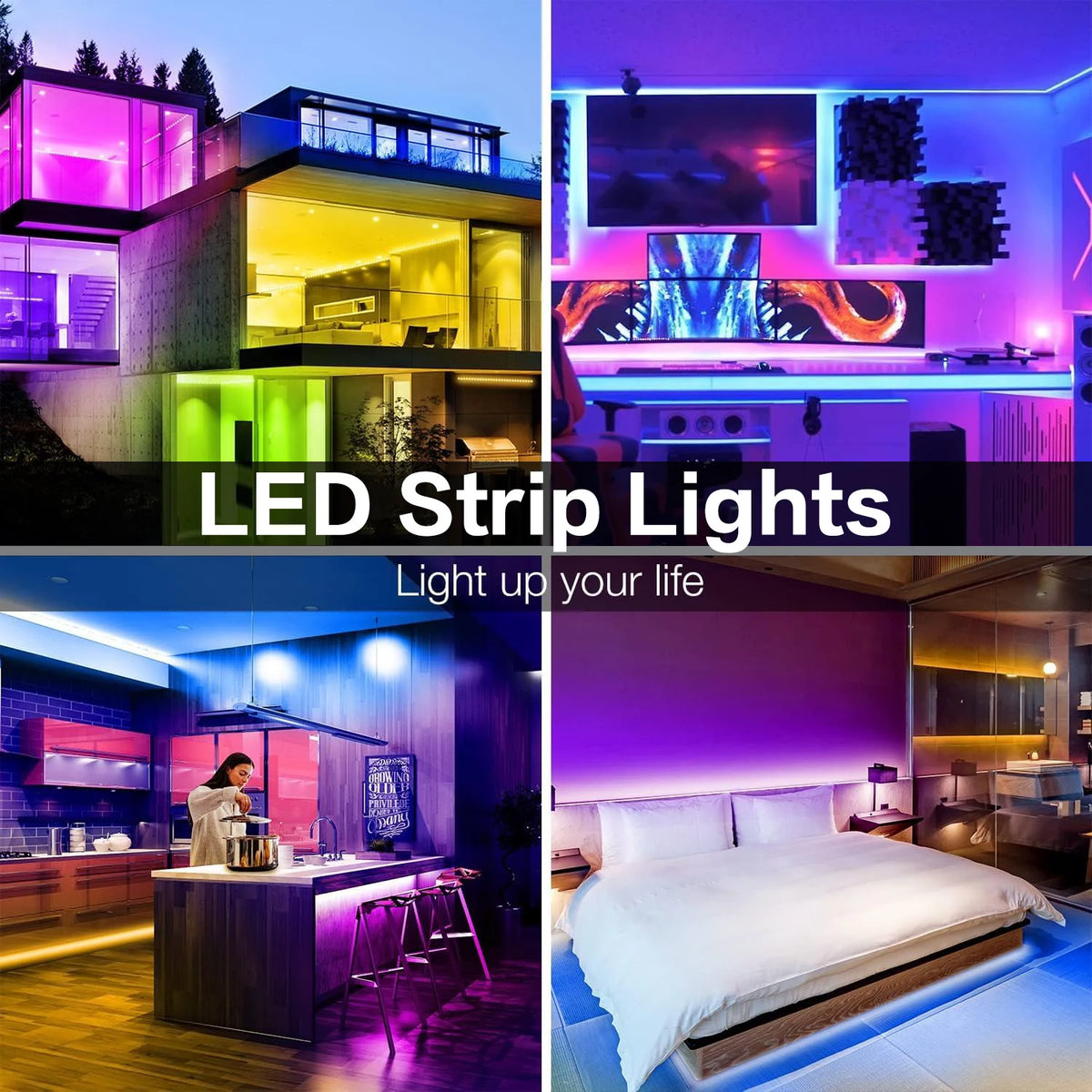Various scenes showcasing modern interior lighting using LED strip lights for ambiance and accent.