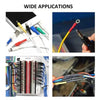 A multipack of heat shrink tubing kit for wire insulation and protection is shown in various applications.