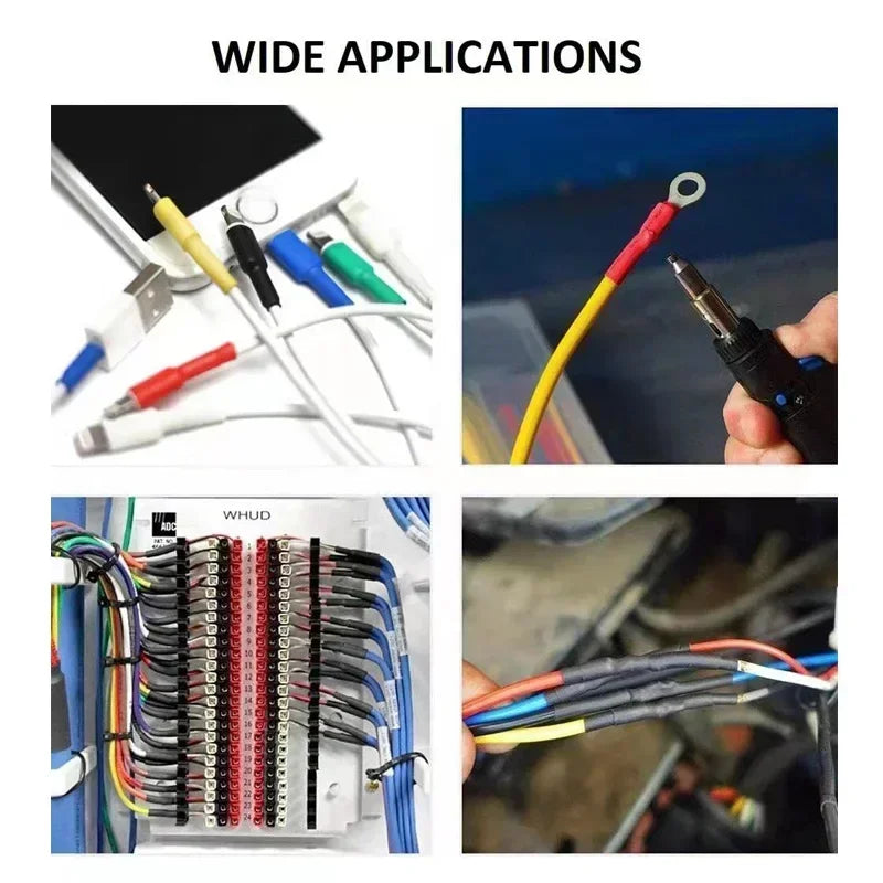 A multipack of heat shrink tubing kit for wire insulation and protection is shown in various applications.