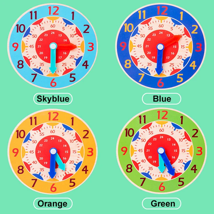 Five colored wooden learning clocks: Skyblue, Blue, Orange, and Green, showing different time markings.
