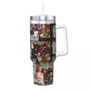 Insulated stainless steel tumbler with a clear lid featuring various movie characters.