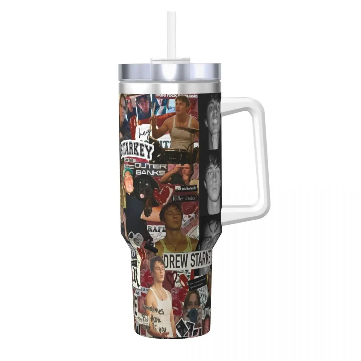 Insulated stainless steel tumbler with a clear lid featuring various movie characters.
