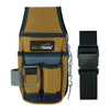 A tan tool pouch with black trim and a black adjustable strap is shown next to a black nylon belt clip.