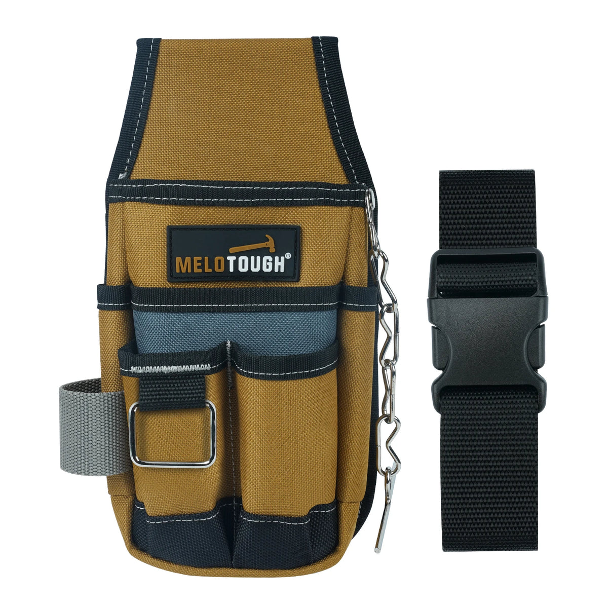 A tan tool pouch with black trim and a black adjustable strap is shown next to a black nylon belt clip.
