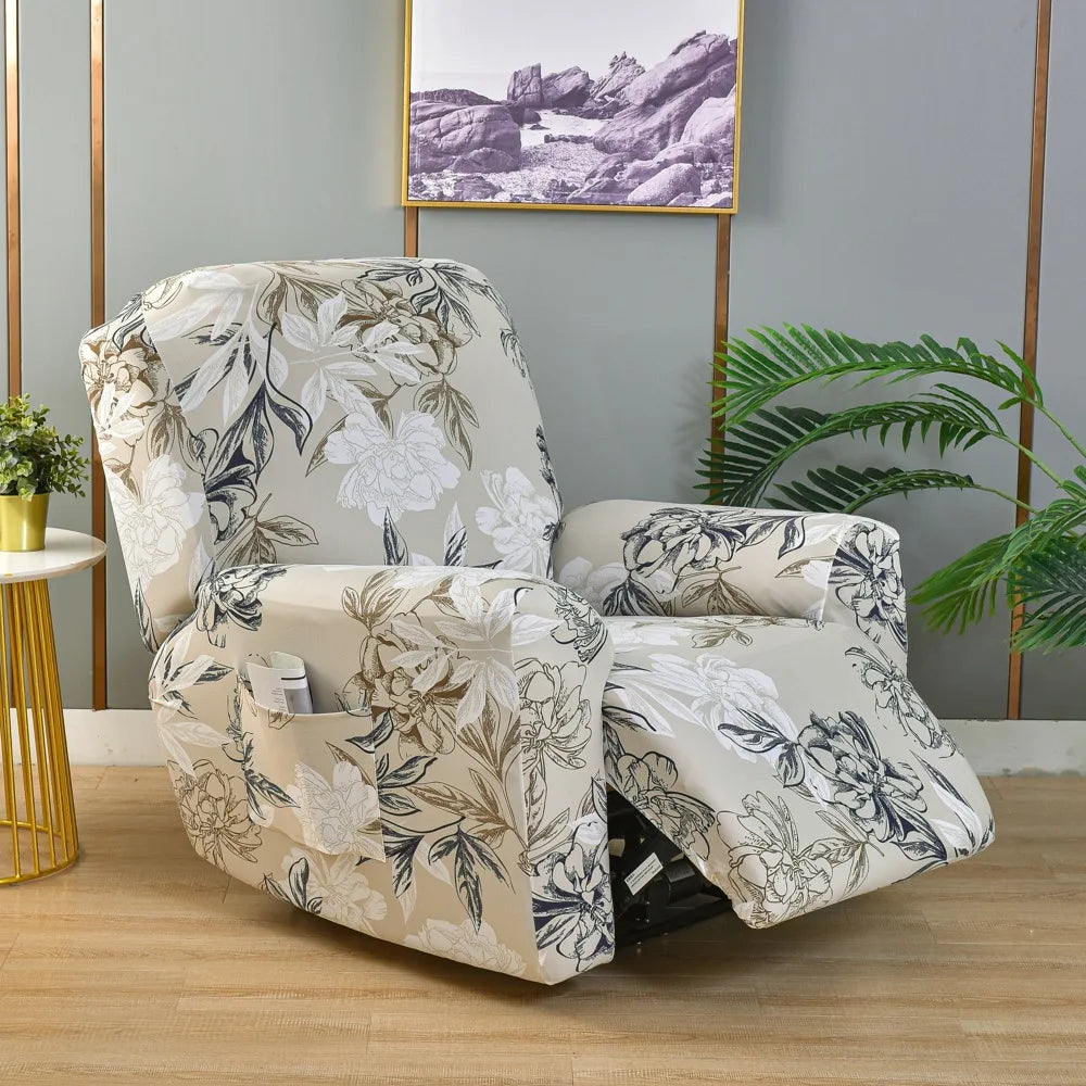 Printed Recliner Cover with Side Pocket — 4-Piece Set