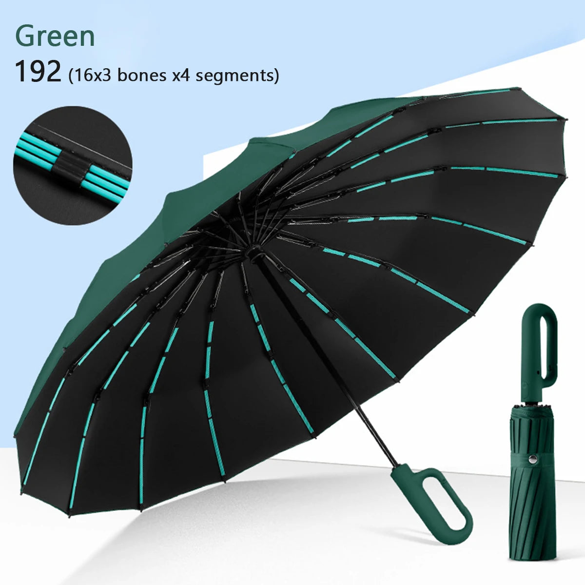 Grüner, robuster, faltbarer, automatischer, winddichter Regenschirm mit schwarzem Stoff und türkisen Akzenten.