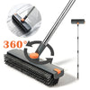 A 3-in-1 adjustable scrub brush with a squeegee and long handle shown with a 360-degree rotation diagram.