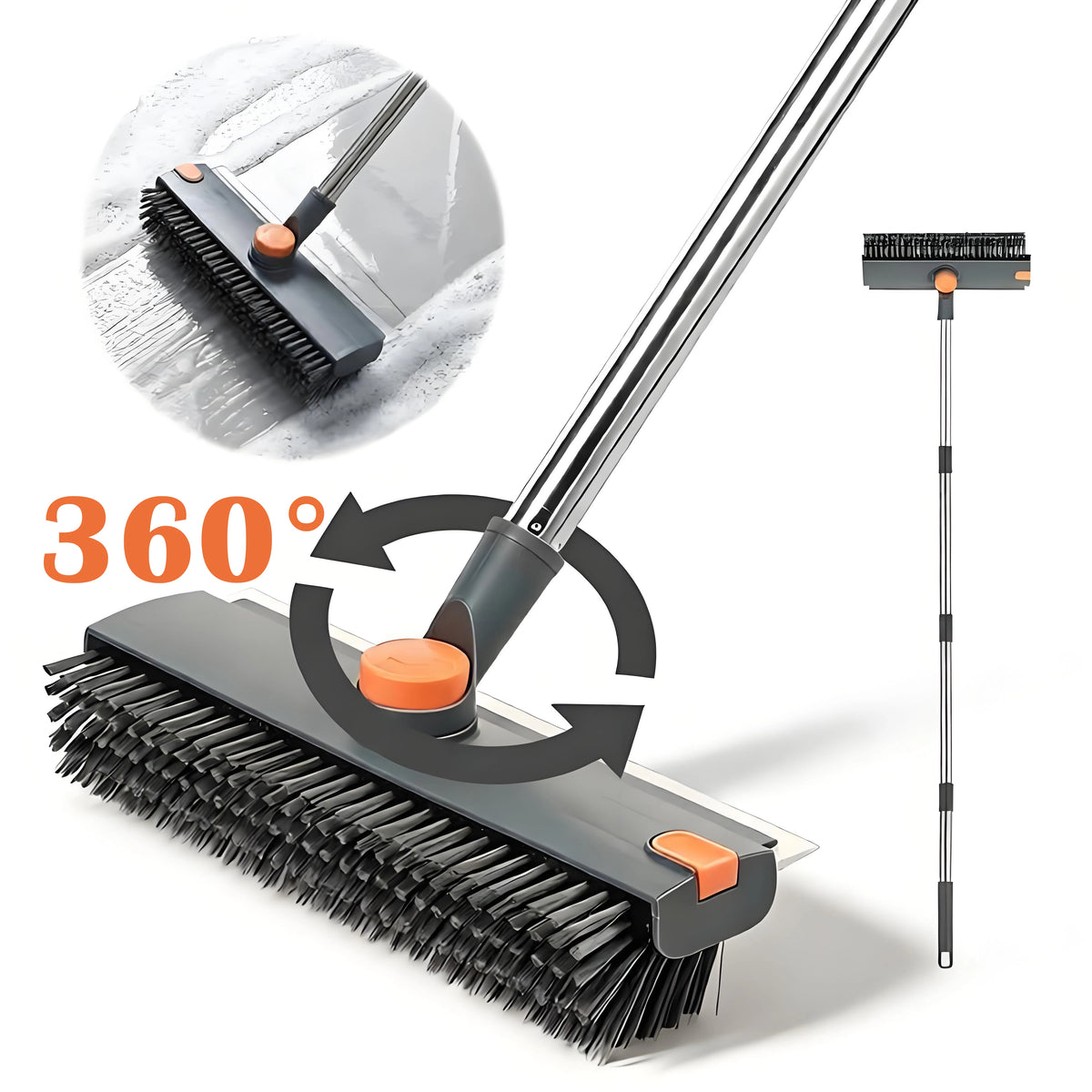 A 3-in-1 adjustable scrub brush with a squeegee and long handle shown with a 360-degree rotation diagram.