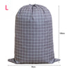 A large capacity drawstring laundry bag made of gray checkered Oxford cloth.
