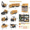 A set of six die-cast construction truck toys including an excavator, loader, and tractor, packaged in a box.