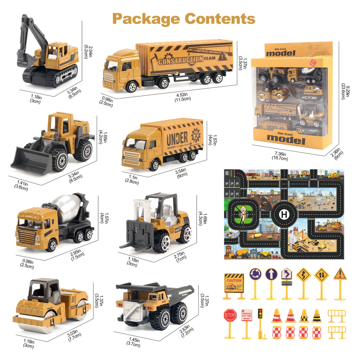 A set of six die-cast construction truck toys including an excavator, loader, and tractor, packaged in a box.