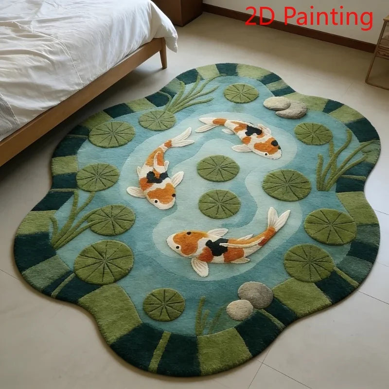 A plush rug featuring a pattern of koi fish and green leaves on a blue background.