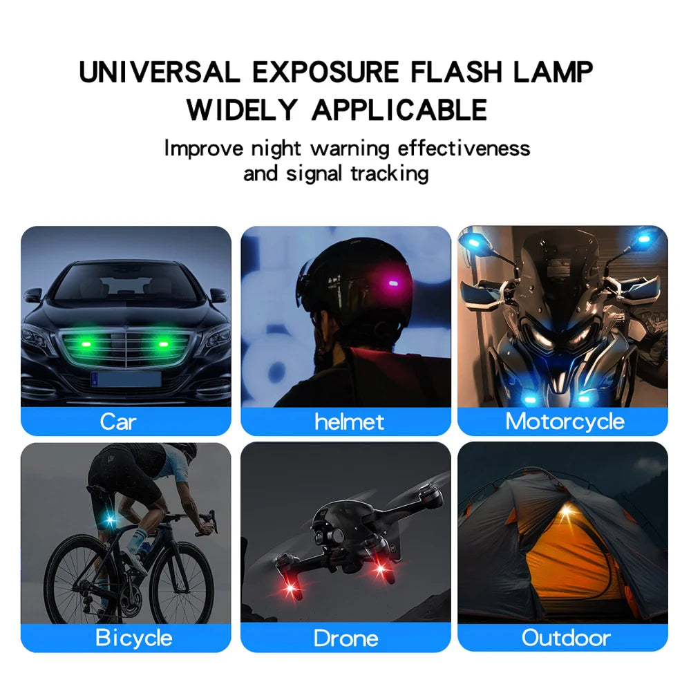 Universal exposure flash lamp widely applicable for cars, helmets, motorcycles, bicycles, drones, and outdoor use.