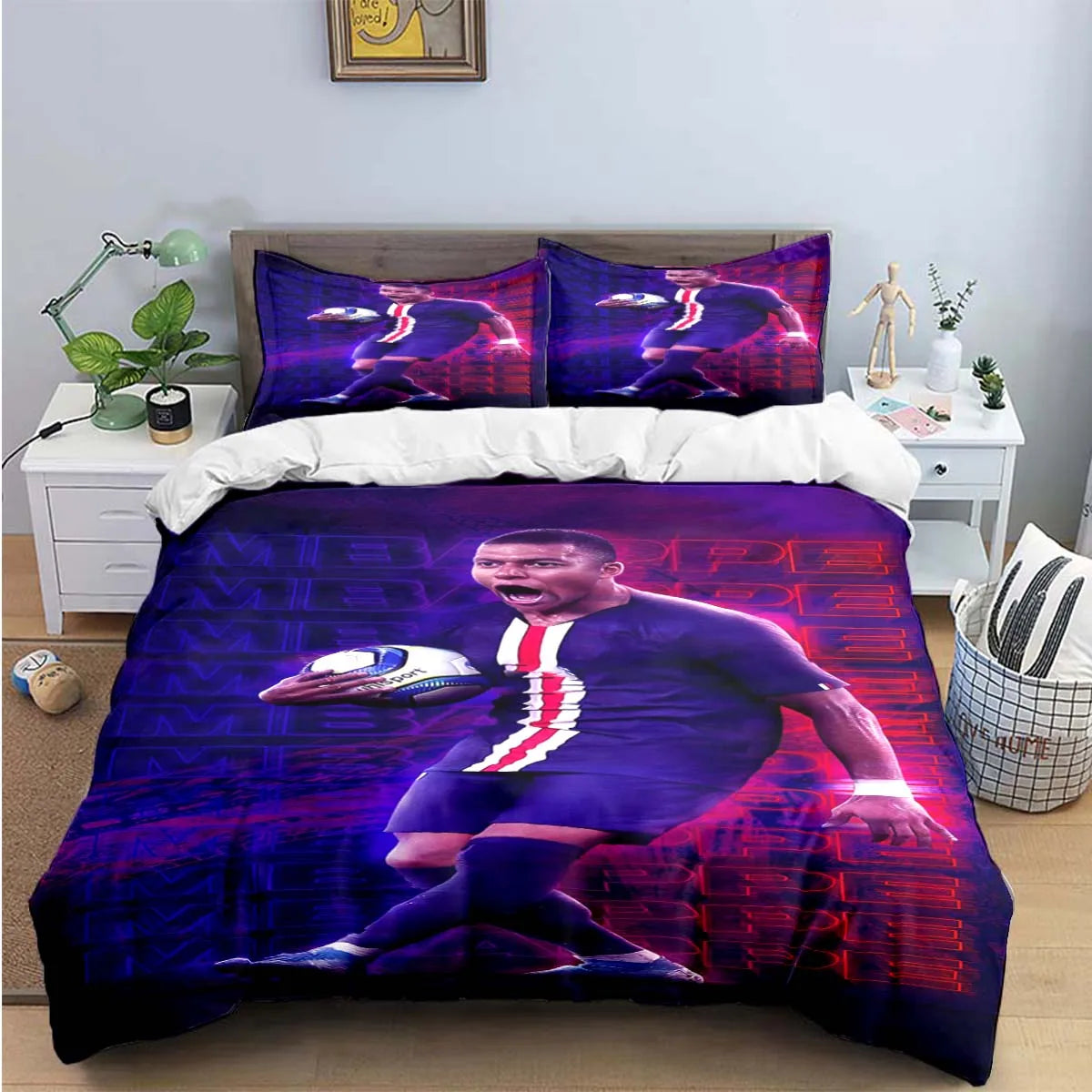 A purple duvet cover featuring a soccer player in action against a red background.