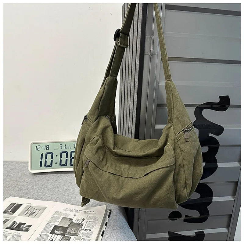 Cotton Canvas Crossbody Bag with Large Capacity