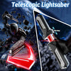 A black and silver telescopic lightsaber is shown being wielded by a figure in a dark suit against a blue background.