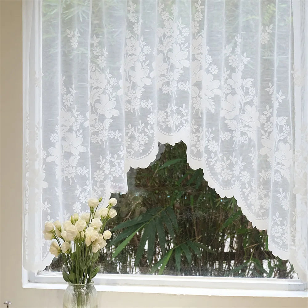 White Sheer Lace Curtain Valance with Floral Jacquard Pattern
