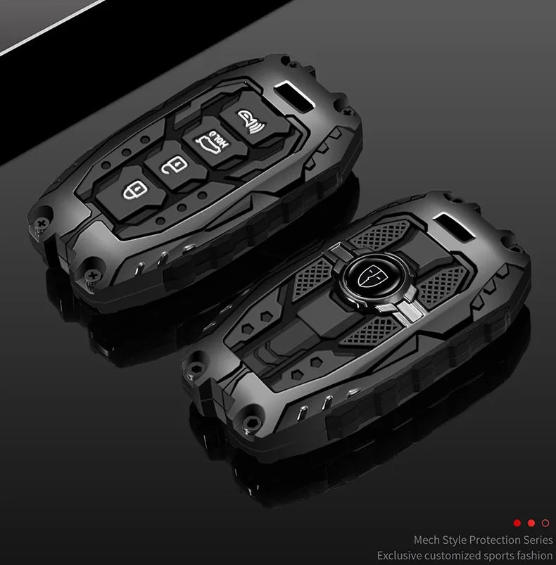 A black protective key fob cover for Hyundai and Kia models shown in a studio setting.