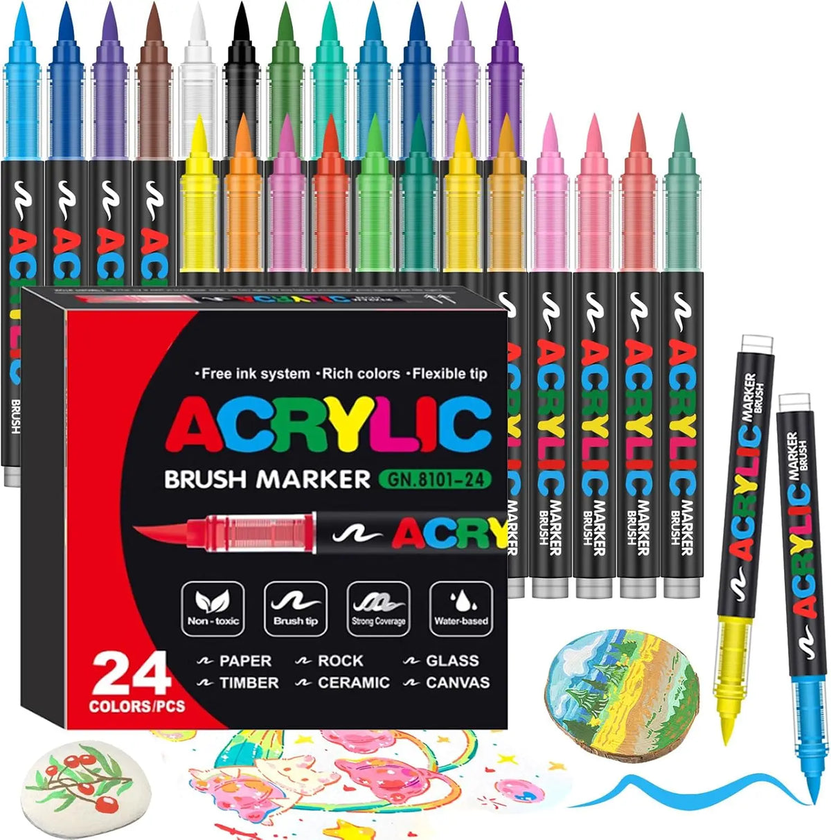 Acrylic Paint Pens with Brush Tips – 24 Vibrant Colors