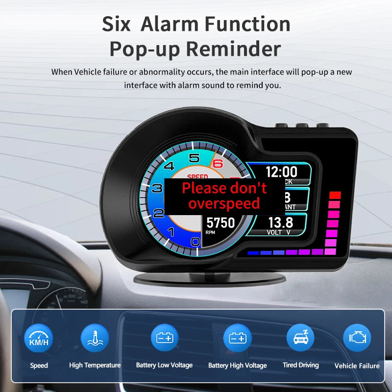 A dashboard display showing a speedometer and various vehicle monitoring functions with an alarm reminder feature.