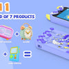 A purple kids phone toy is shown alongside seven individual products, including a video player, MP3 player, story speaker, al