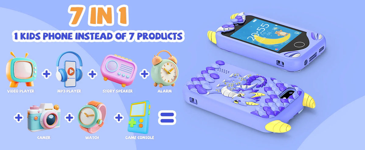A purple kids phone toy is shown alongside seven individual products, including a video player, MP3 player, story speaker, al