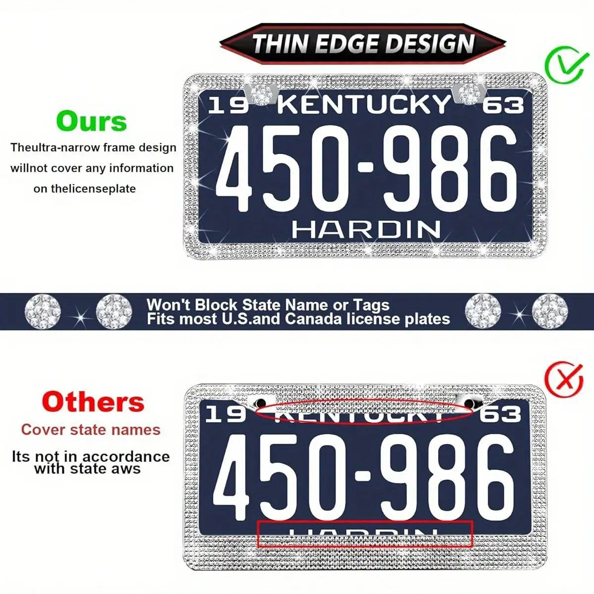Crystal Rhinestone License Plate Frame with Screw Caps