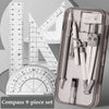 A gray storage case containing a 9-piece geometry drawing set including a compass, protractor, and pencils.
