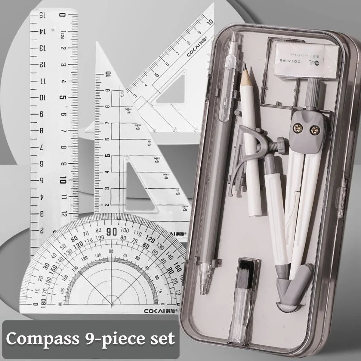 A gray storage case containing a 9-piece geometry drawing set including a compass, protractor, and pencils.