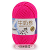 A skein of bright pink milk cotton blend yarn labeled for knitting and crochet projects.