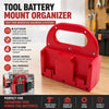 Red tool battery mount organizer with four slots for secure storage and transport