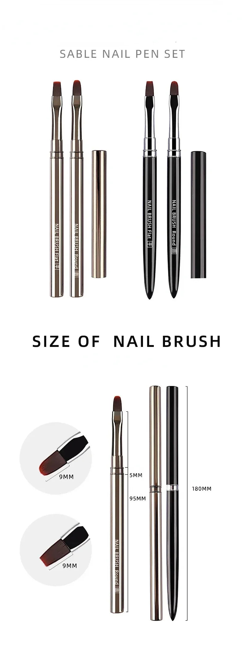 A set of sable nail pens featuring various sizes of brushes for acrylic and gel nail art designs.