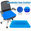 A blue breathable honeycomb silicone seat cushion is shown on a gray office chair and as a separate pad.