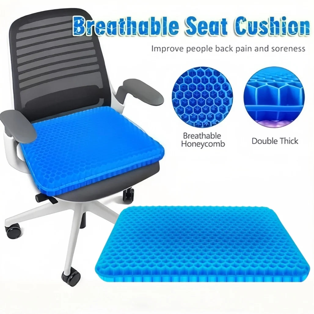 A blue breathable honeycomb silicone seat cushion is shown on a gray office chair and as a separate pad.