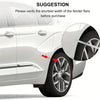 A close-up view of a white car fender with a carbon fiber wheel arch trim strip being measured for purchase verification.