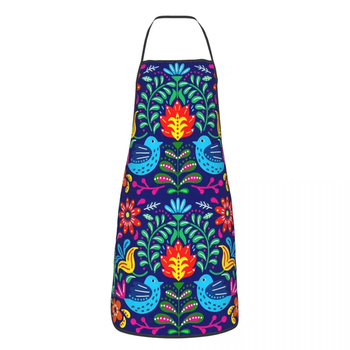 A vibrant Mexican floral art apron featuring colorful leaves and birds in shades of blue, green, and red.